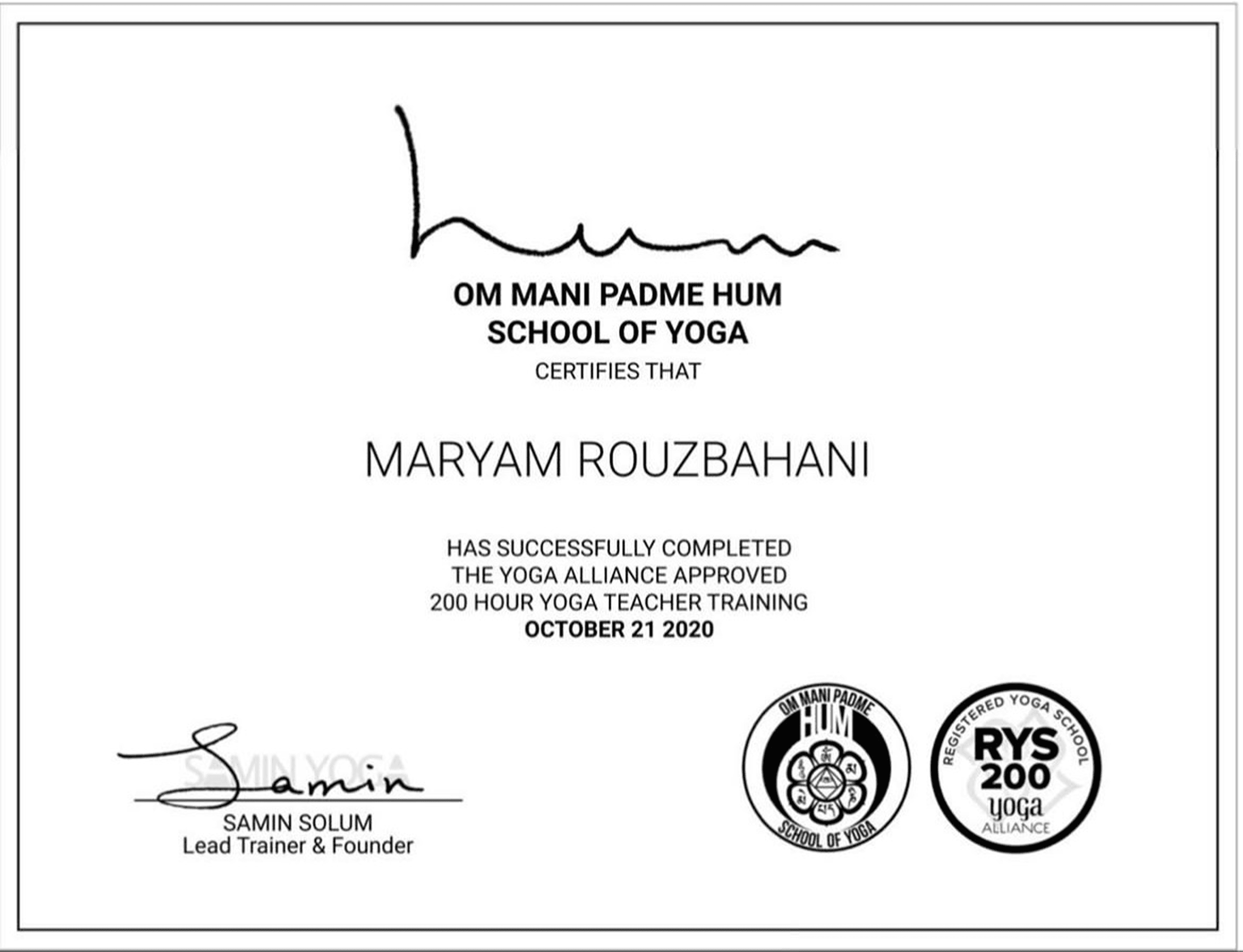 200-hour Yoga Teacher Training certificate, Yoga Alliance